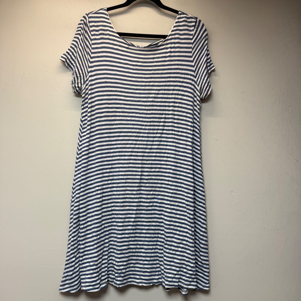 LOFT Swing Dress Womens L Blue White Excellent Striped Back Tie Short Sleeve